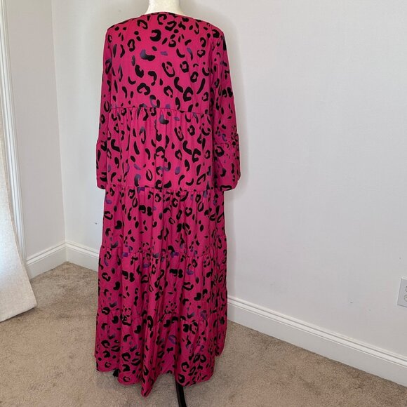 Pink Leopard Maxi Dress XL Long Sleeve Tiered Flowing Boho Style Office Work - Picture 3 of 16